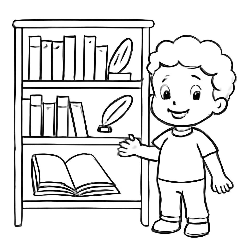 Контурная детская иллюстрация с книгой, пером и школьным колокольчиком