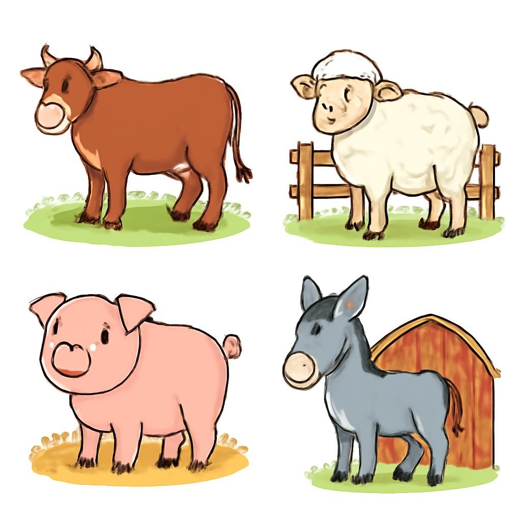 Сетка из четырёх изображений сельскохозяйственных животных.