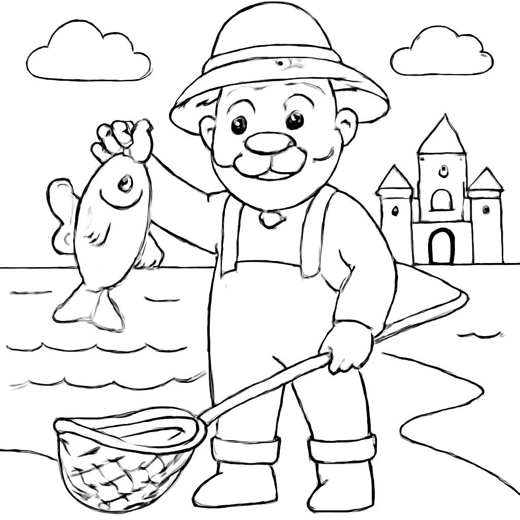 Контурная сцена у моря с рыбкой, сетью, корытом и дворцом.