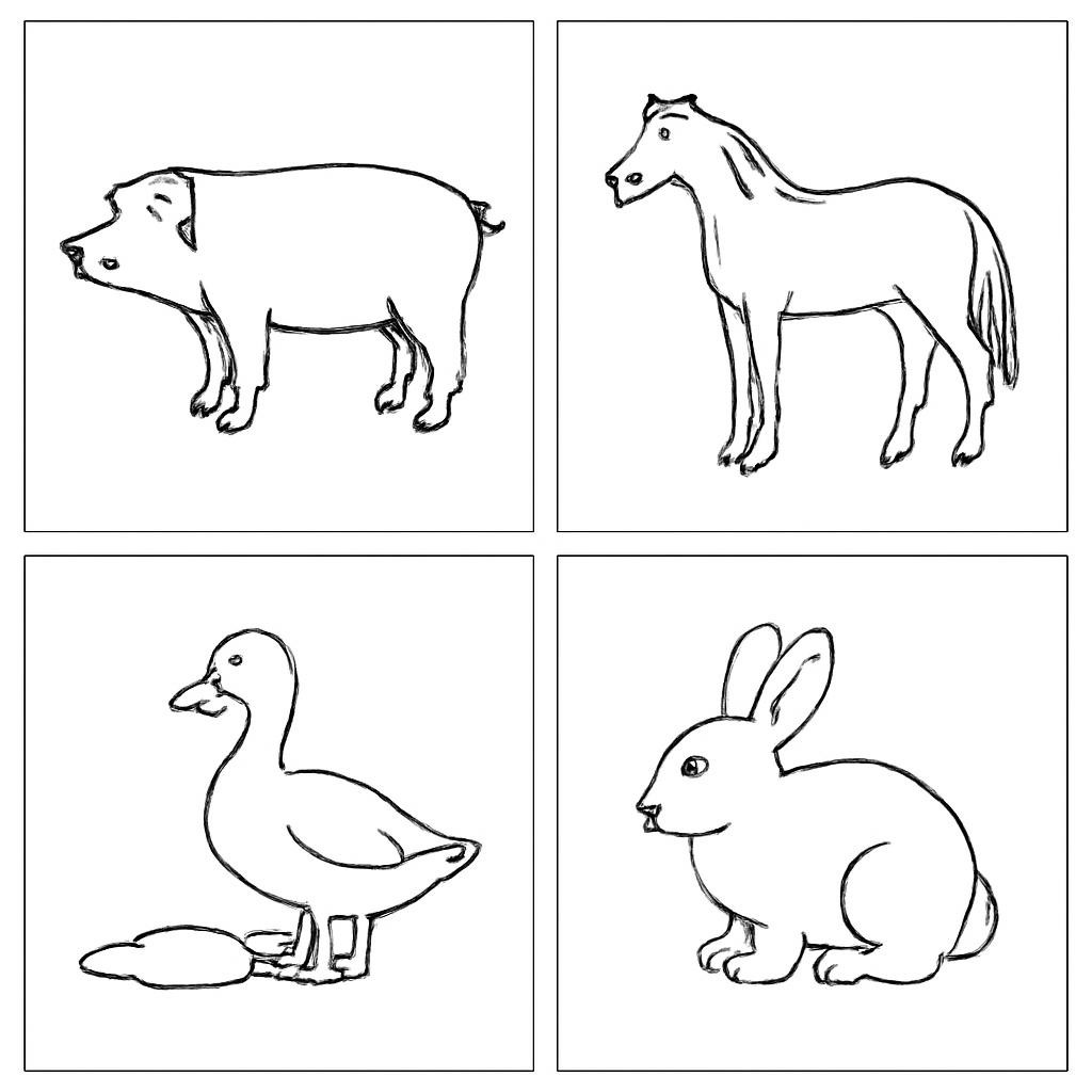 Сетка с четырьмя изображениями сельскохозяйственных животных.