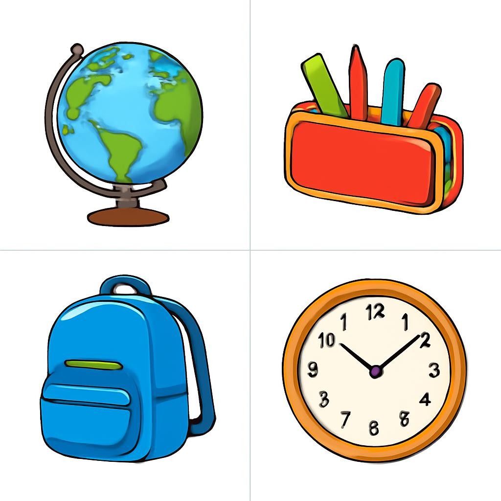 Four school objects shown in a two-by-two grid