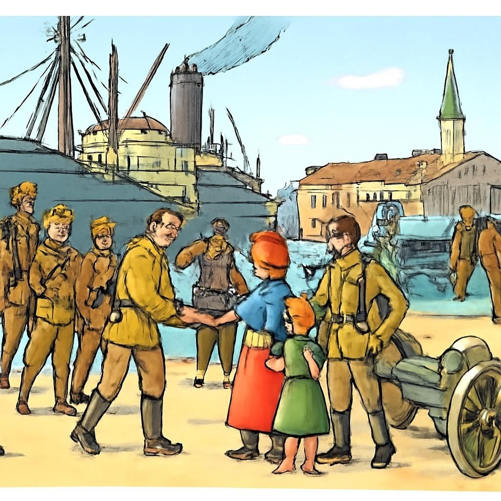 Схематичная цветная историческая сцена с иностранными войсками в российском порту во время Гражданской войны