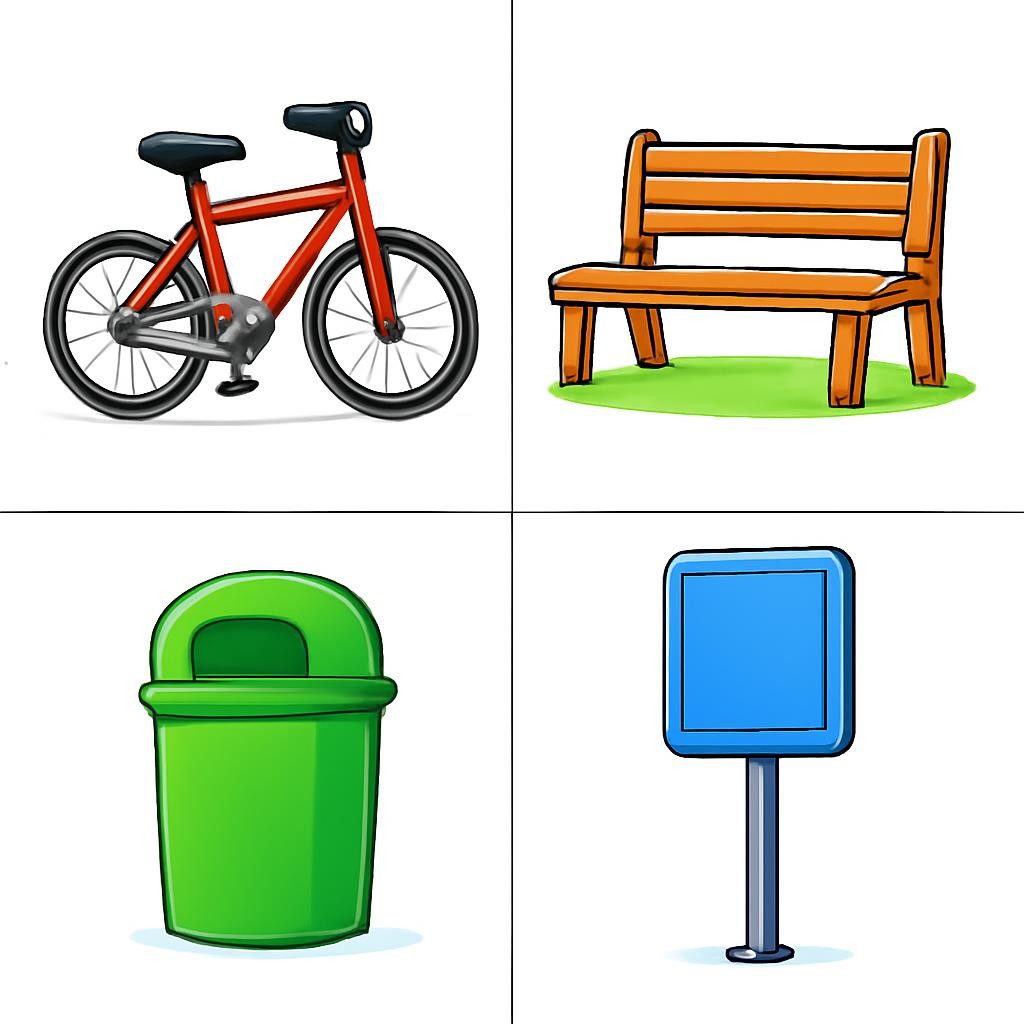 Four city objects shown in a two-by-two grid