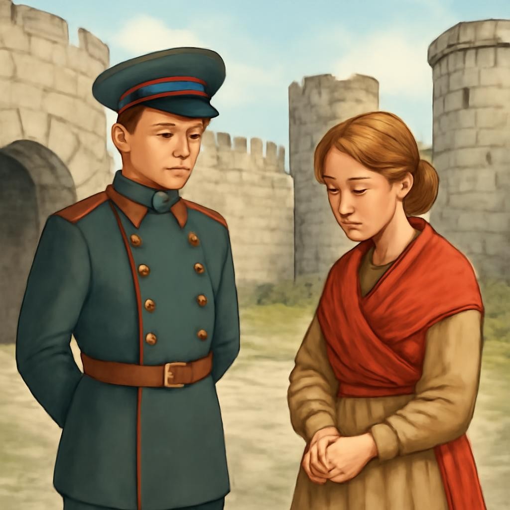 Цветная реалистичная сцена встречи Печорина и Бэлы в крепости.