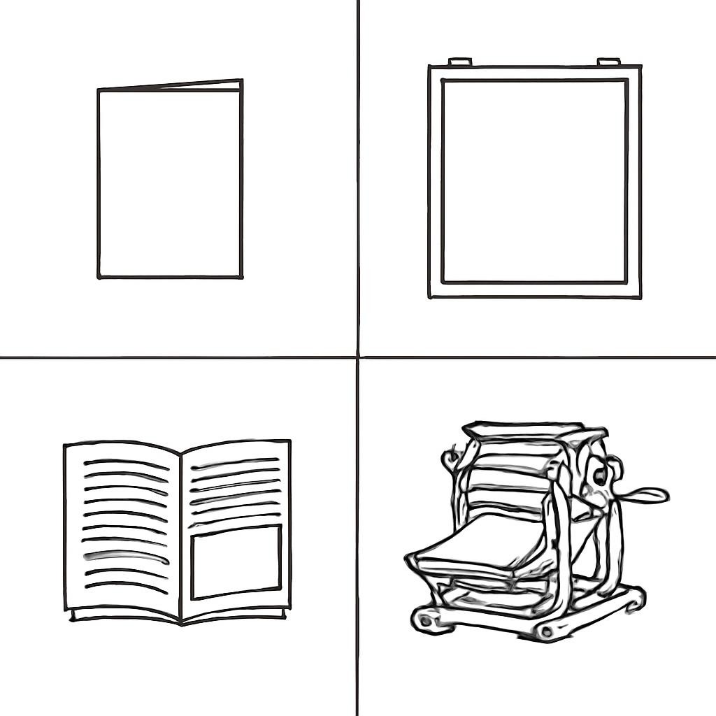 A four-part grid with advertising-related objects