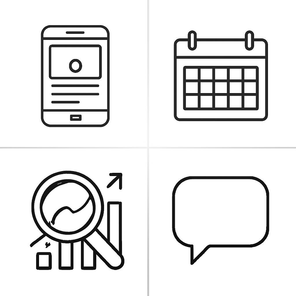 A grid of four simple advertising-work objects.