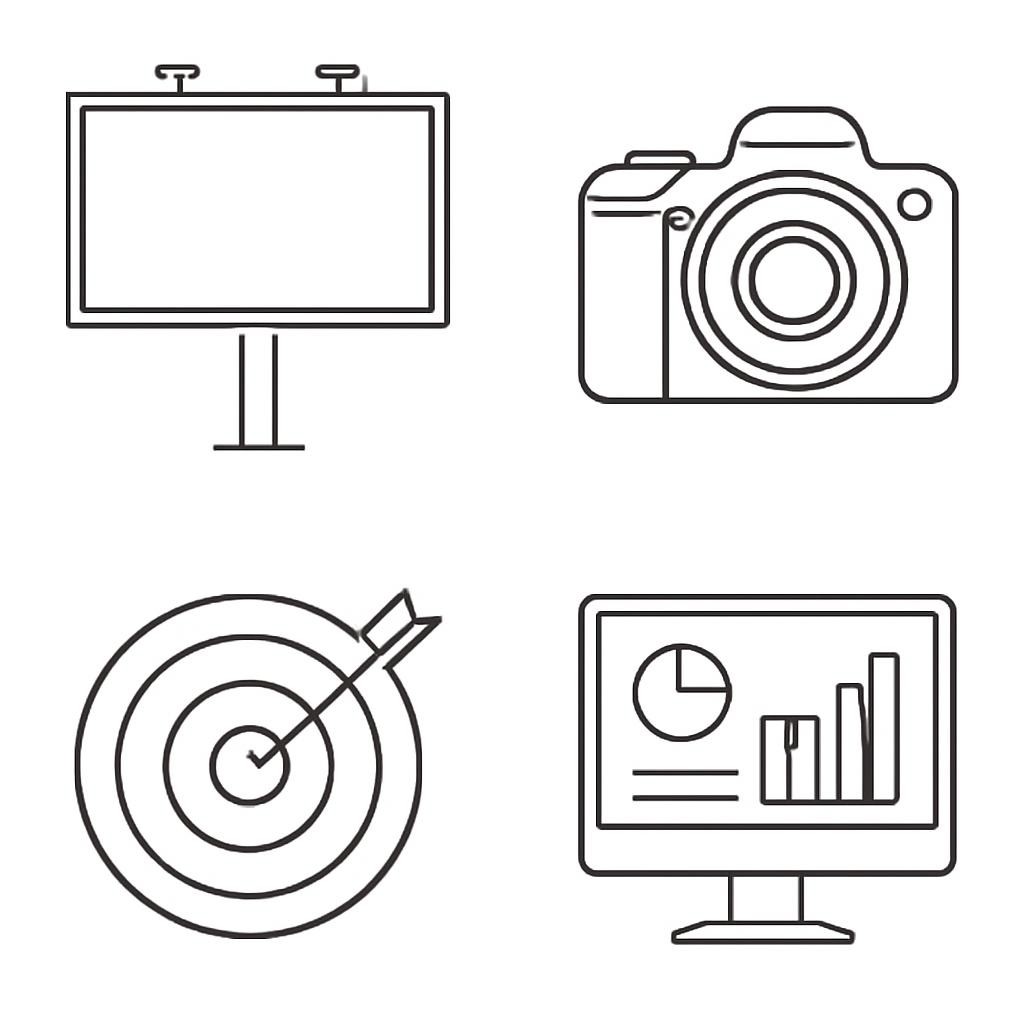 A grid of four simple advertising-related objects.