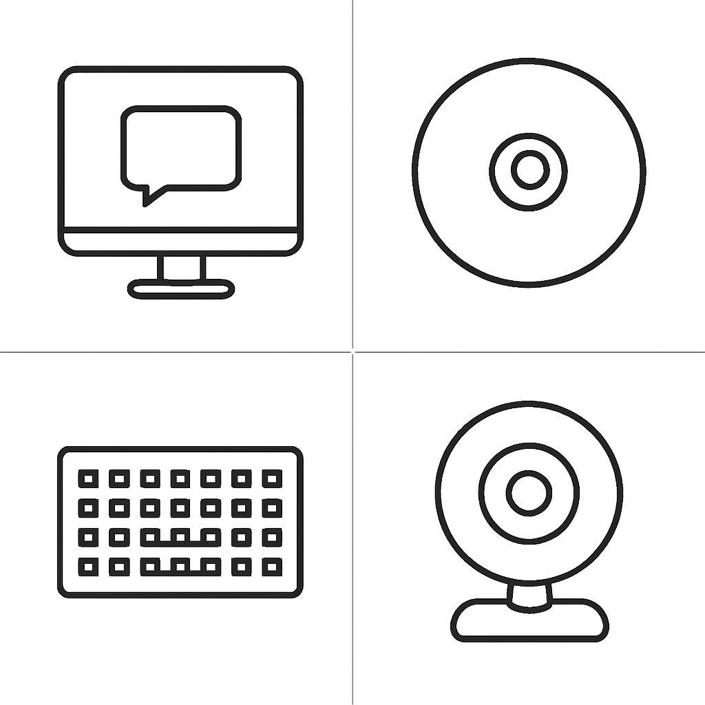 Four black-and-white online communication objects