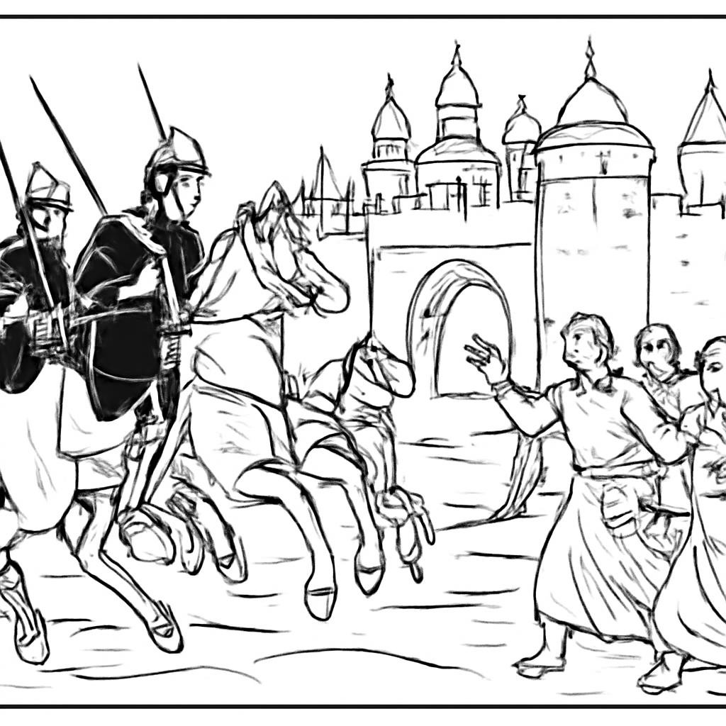 Контурная историческая сцена с вооружёнными всадниками, направляющимися к укреплённому городу.