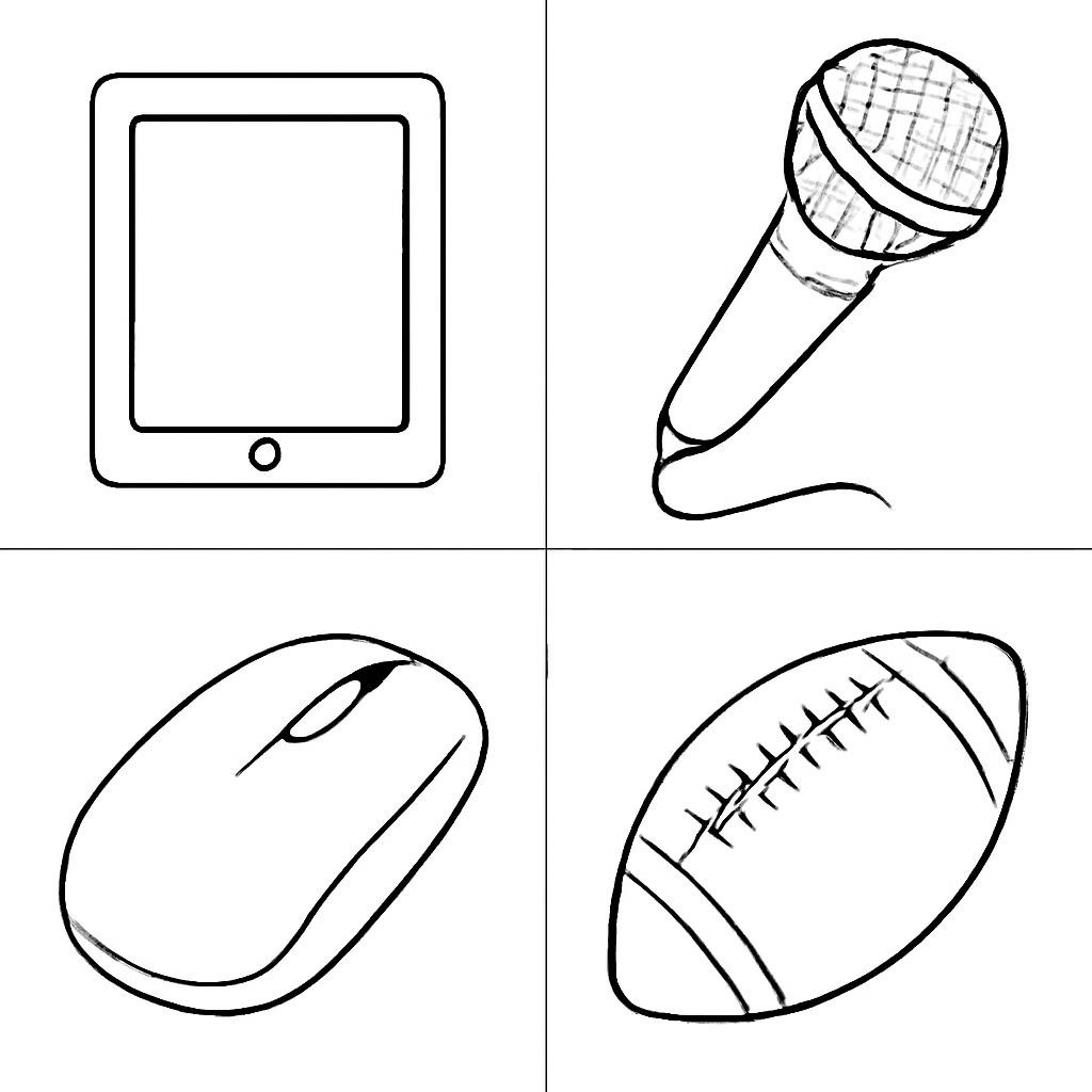 Four simple black-and-white leisure-related objects