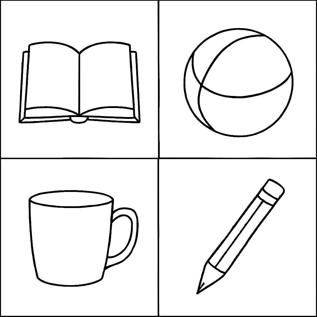 Четыре предмета: книга, мяч, чашка и карандаш.