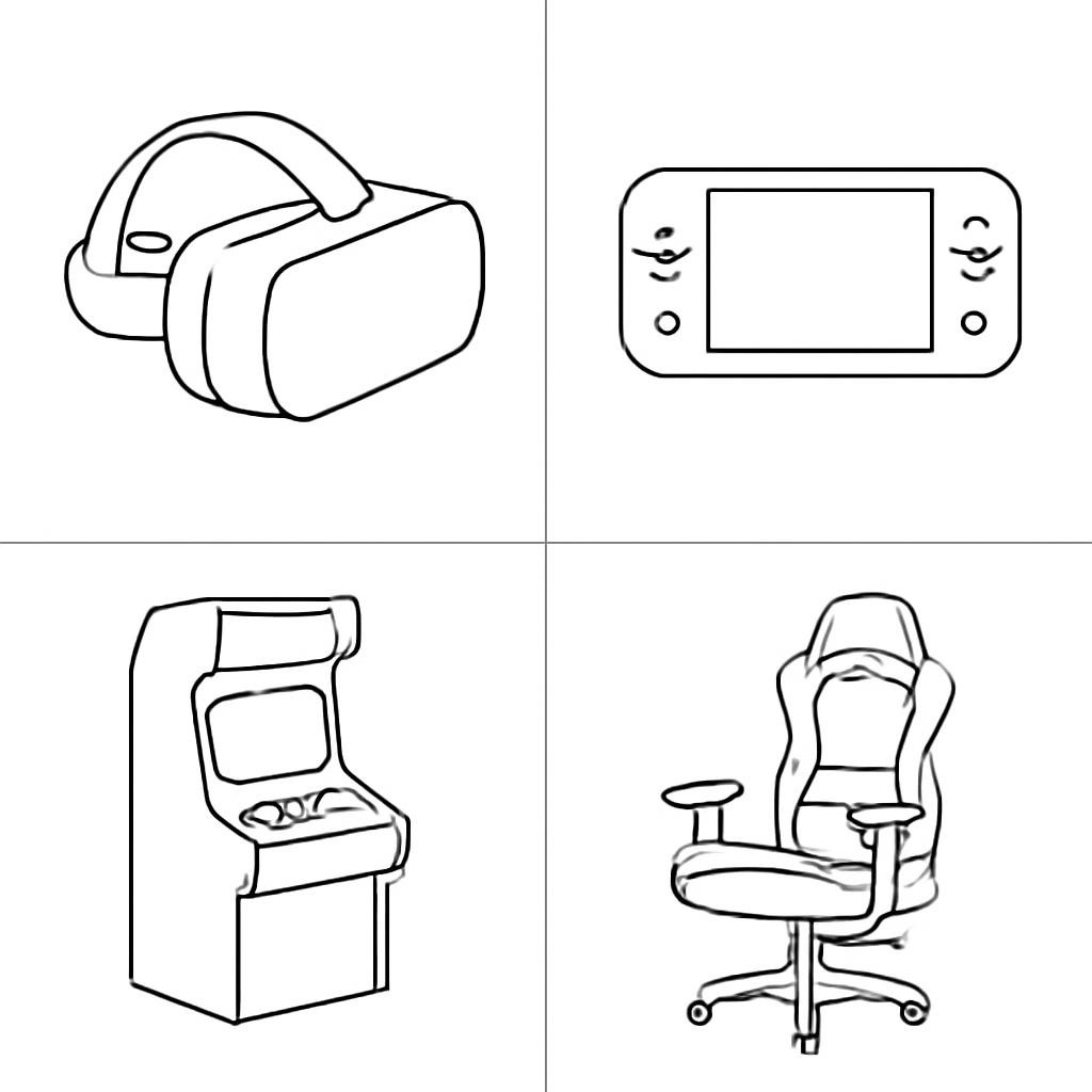 Four gaming devices and pieces of equipment in a 2x2 grid