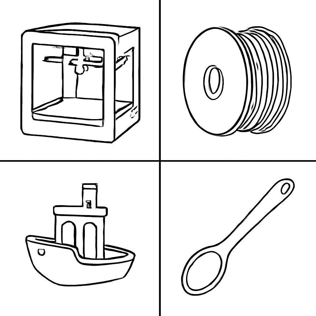 Four objects related to a 3D-printing lab