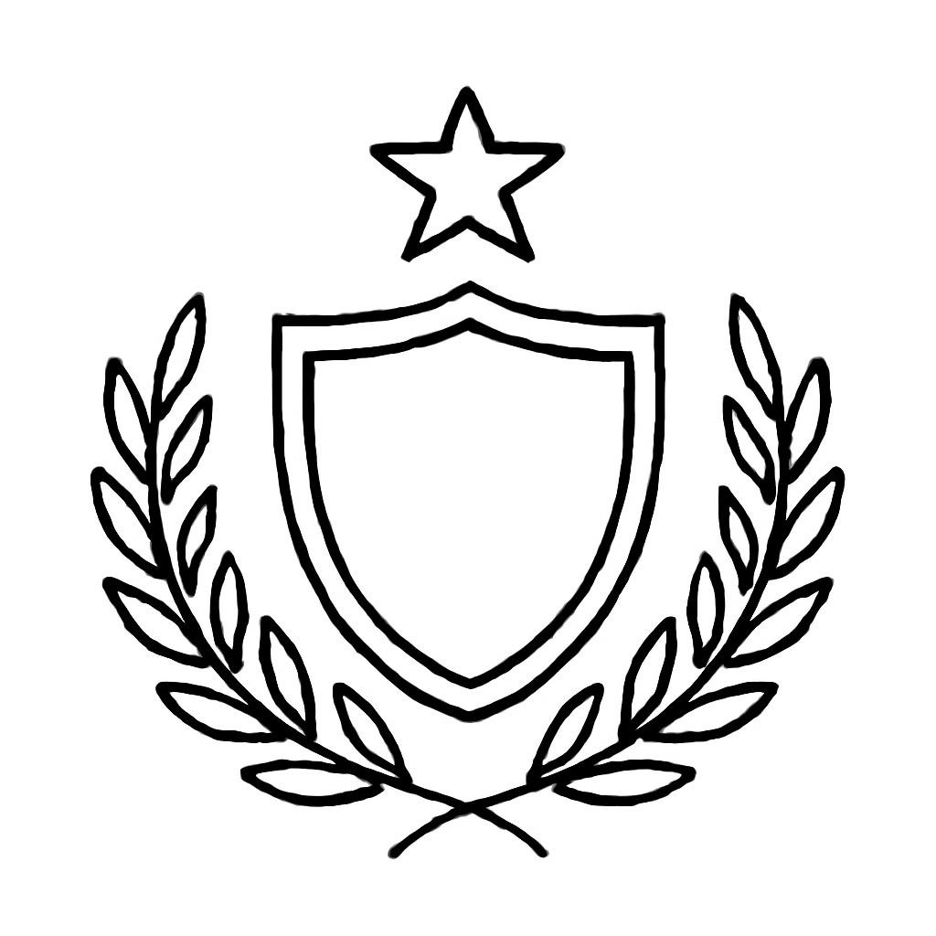 Контурная схема эмблемы с щитом, звездой и лавровыми ветвями