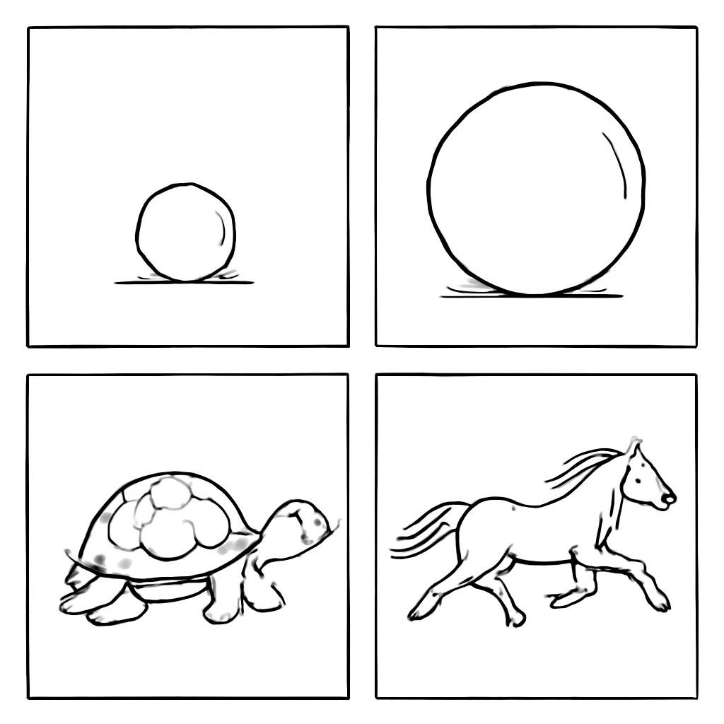 Four pictures showing objects of different sizes and speeds