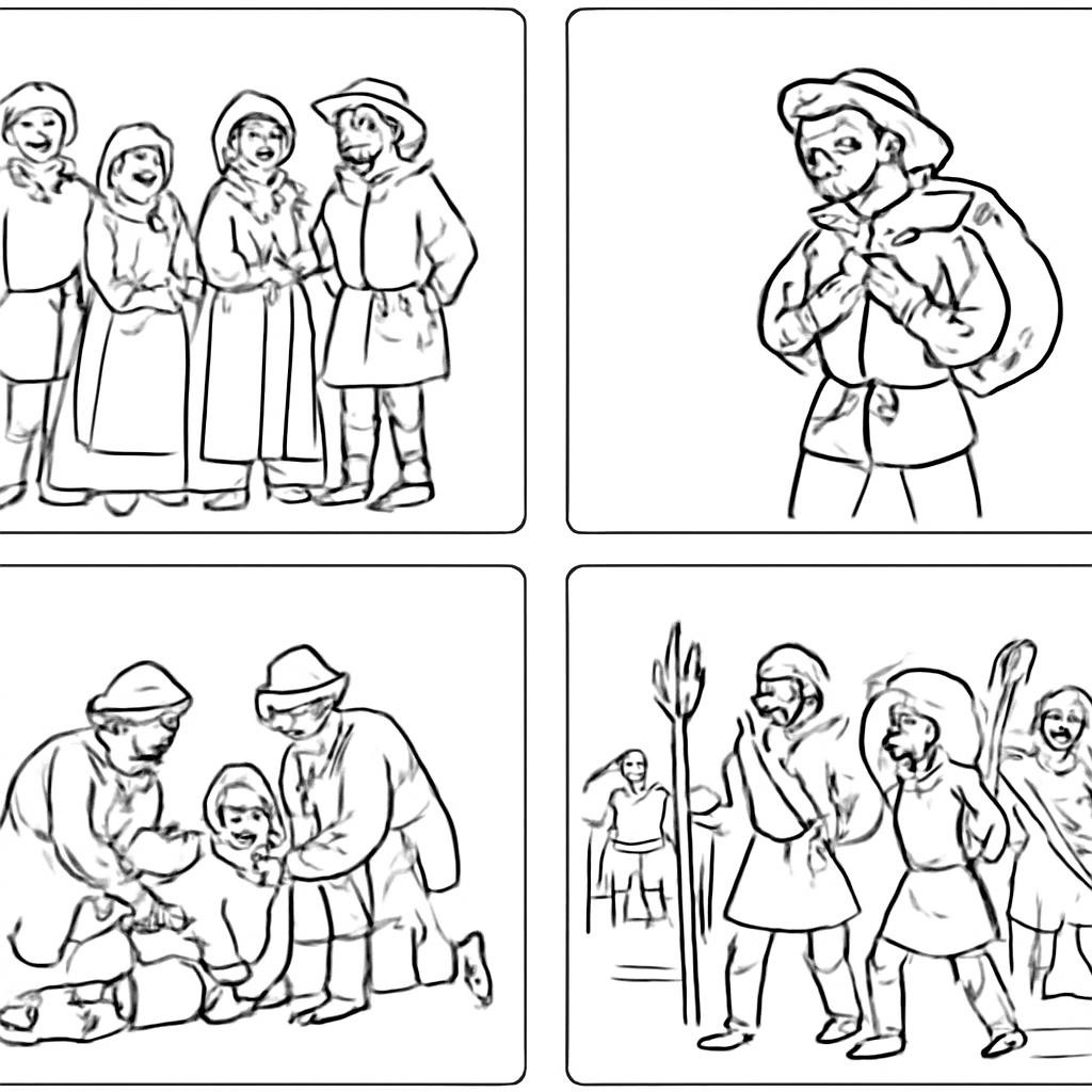 Контурная сетка из четырёх сюжетных изображений
