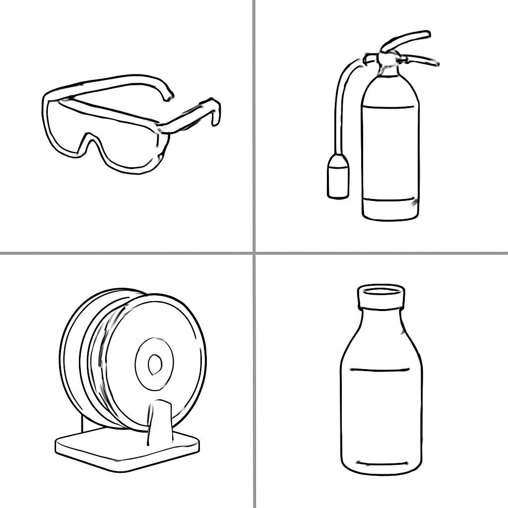 Four objects in a 3D-printing workshop