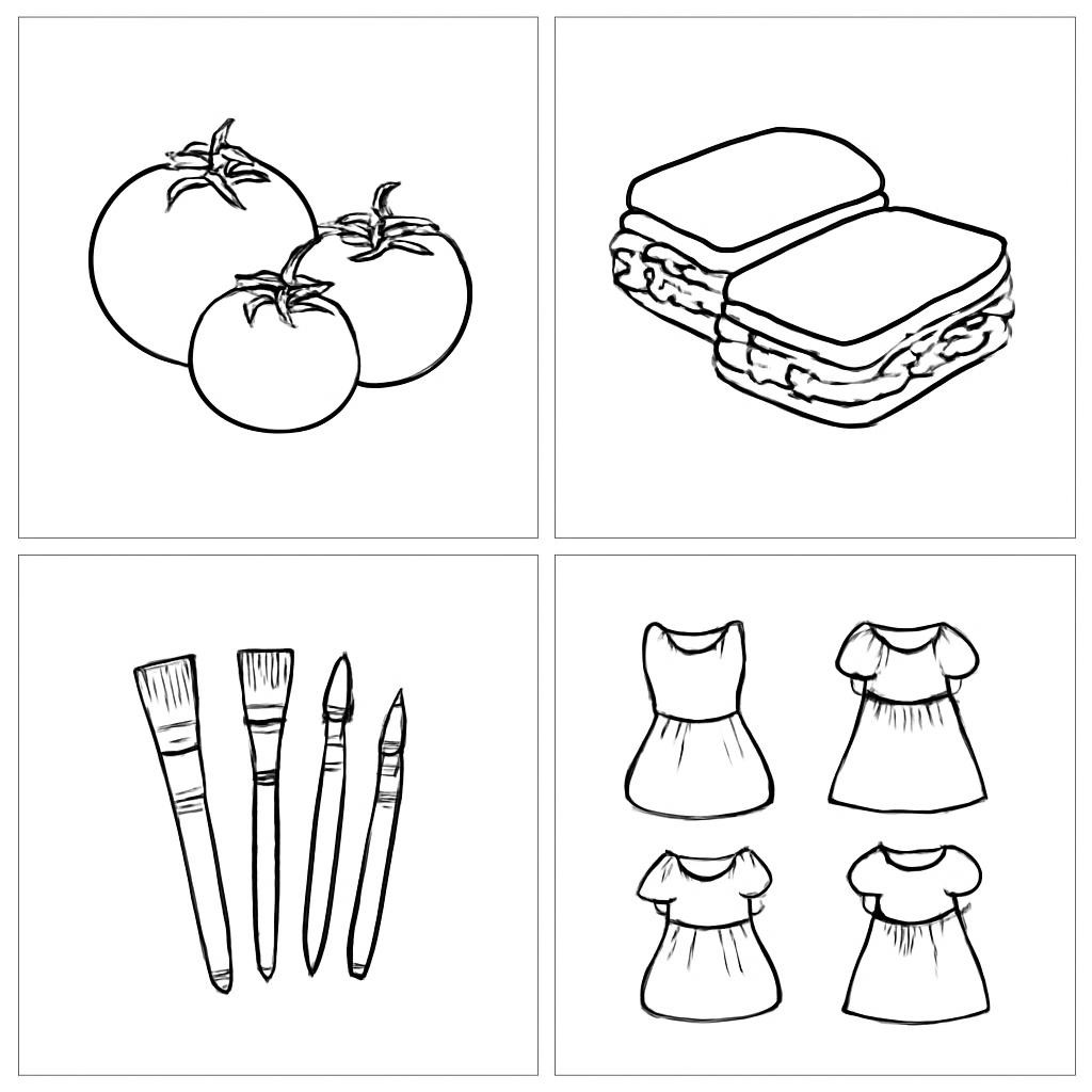 Four groups of objects in a two-by-two grid.