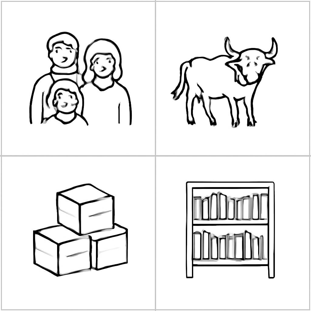 Four groups of objects in a two-by-two grid.