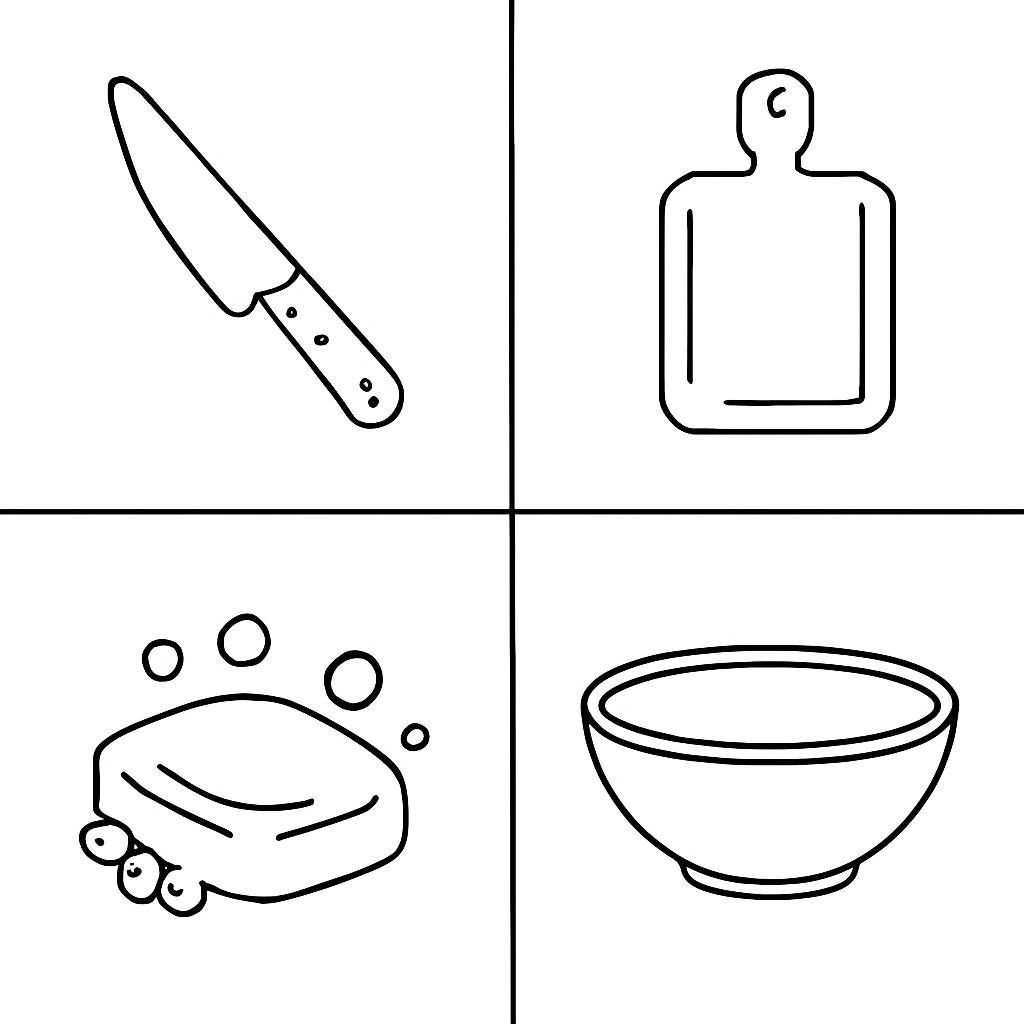 Контурная сетка с четырьмя кухонными предметами