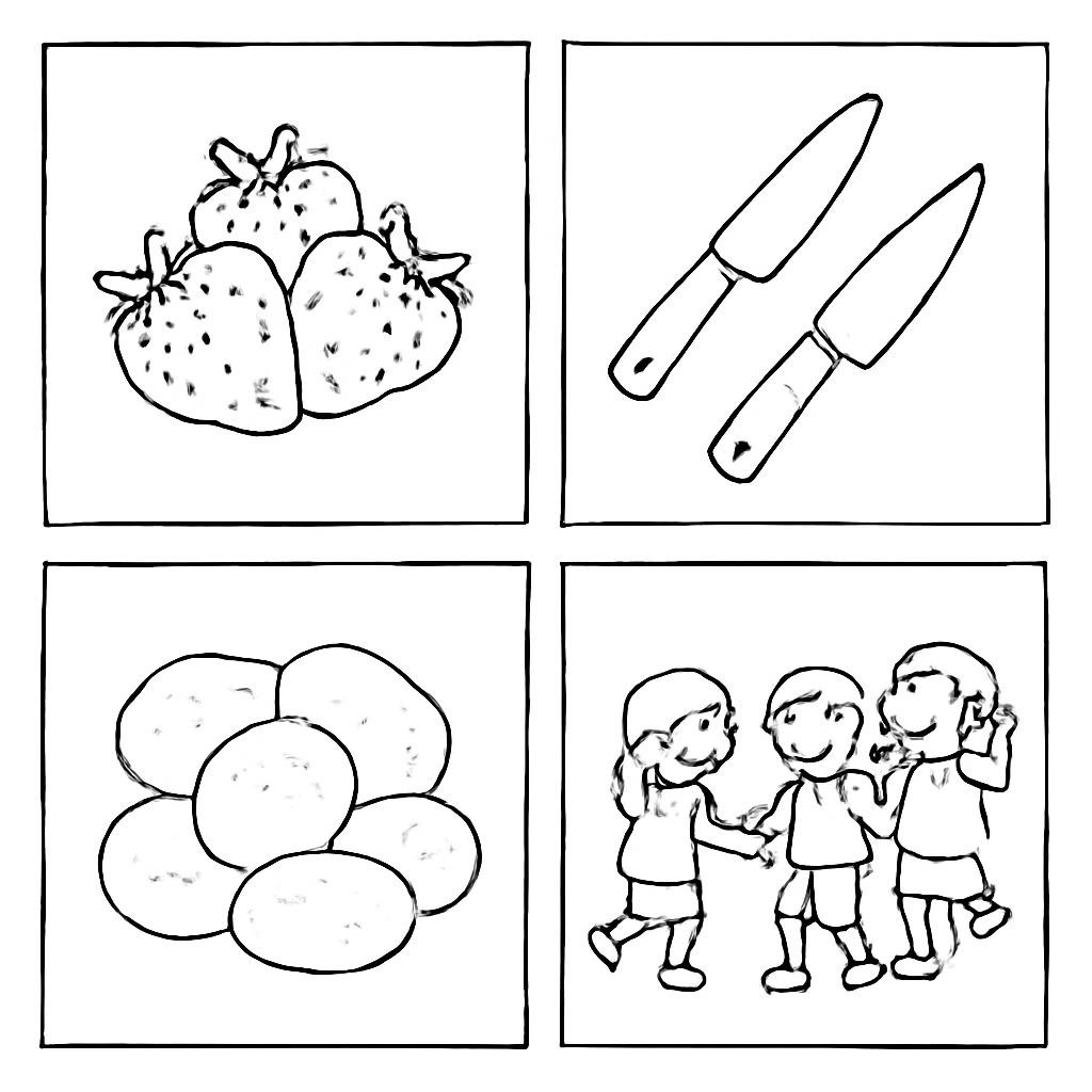 Four groups of objects in a two-by-two grid.