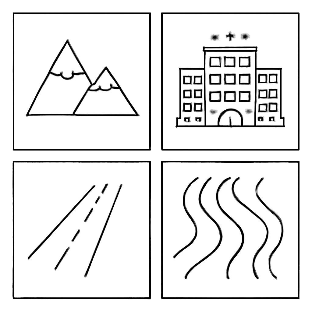 Four travel scenes with mountains, hotels, roads and rivers