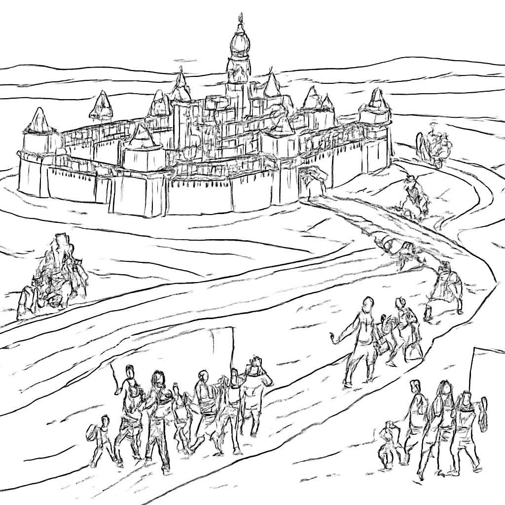 Чёрно-белая контурная иллюстрация с московской крепостью, княжескими отрядами и дорогами, ведущими к столице.