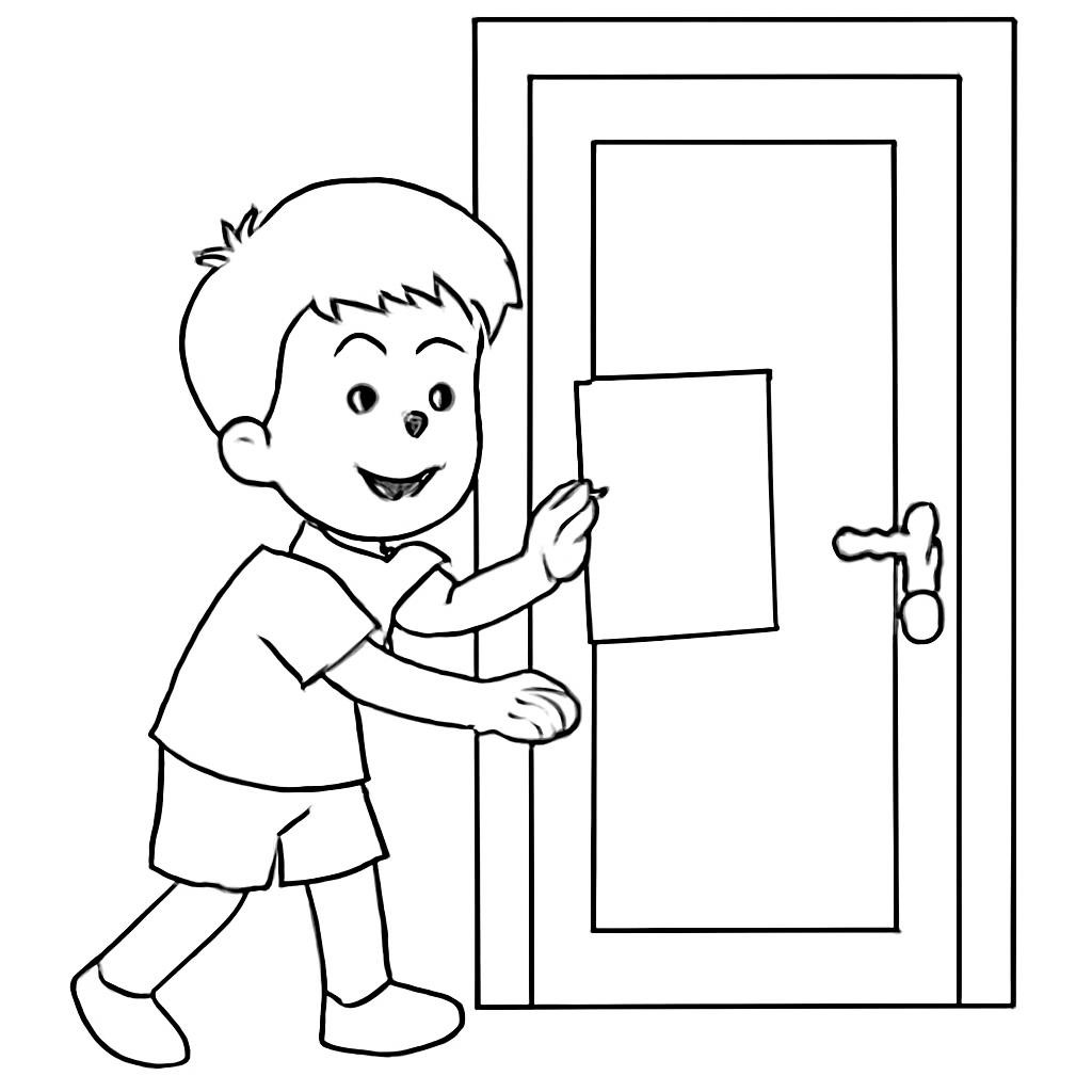 Контурная детская сцена с мальчиком, который подходит к двери, приоткрывает её и приклеивает листок.