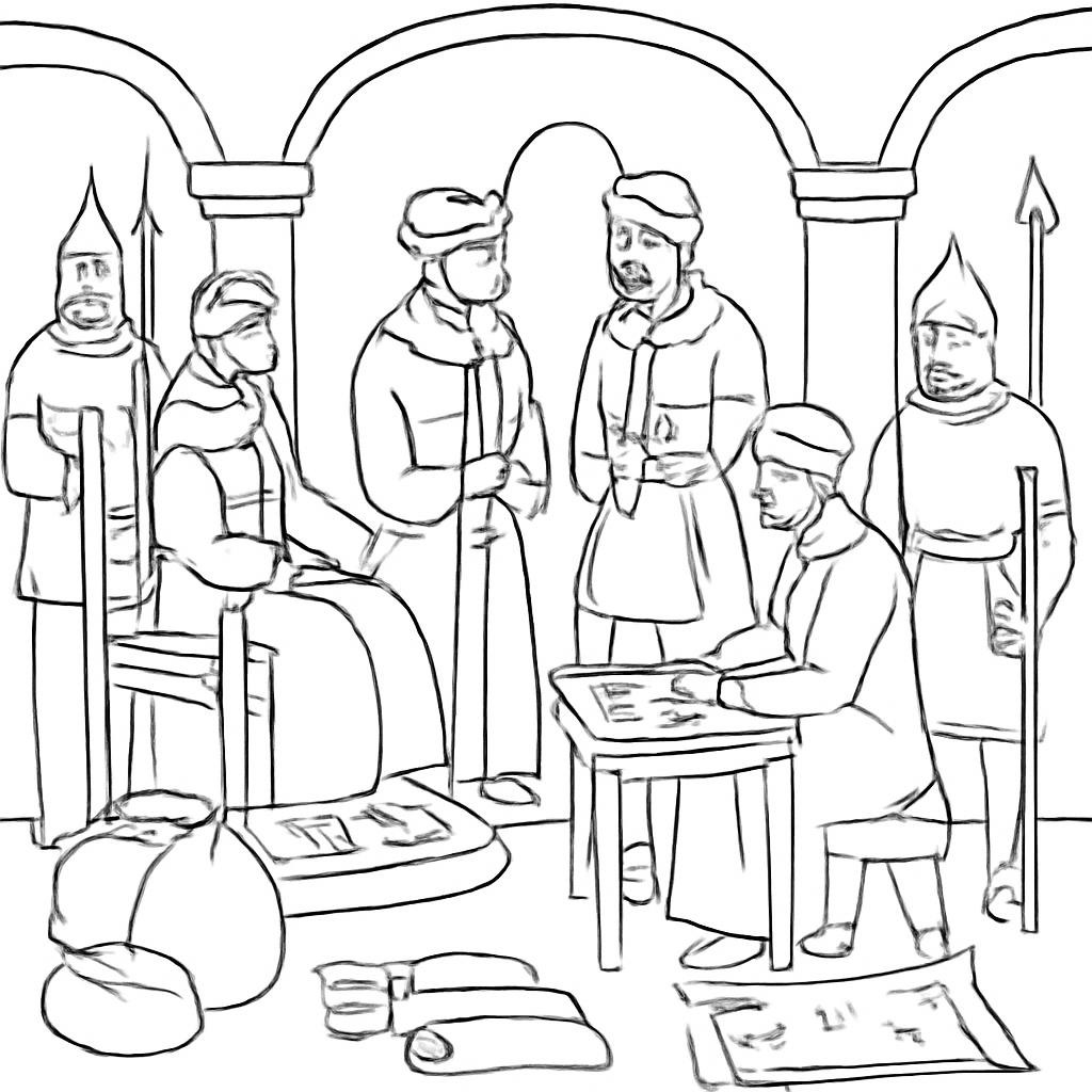 Чёрно-белая контурная сцена средневекового дворца: правитель принимает послов и купцов, рядом находятся стража, писец, тюки товаров и карты торговых путей; без подписей и чисел.