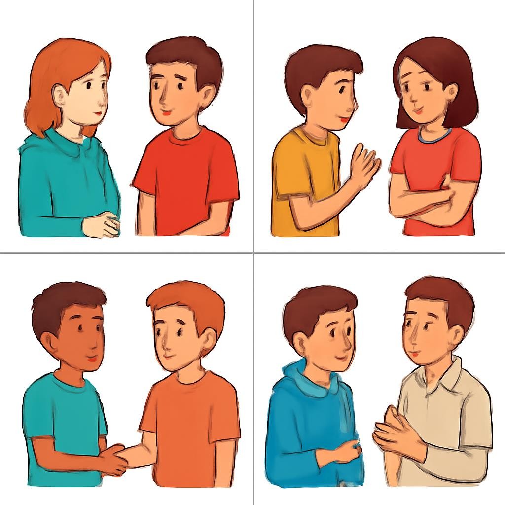 Grid of four realistic scenes showing conflict-resolution actions