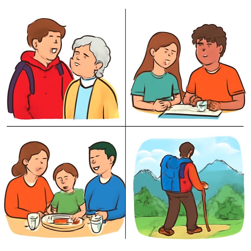Four realistic scenes connected with friends and family