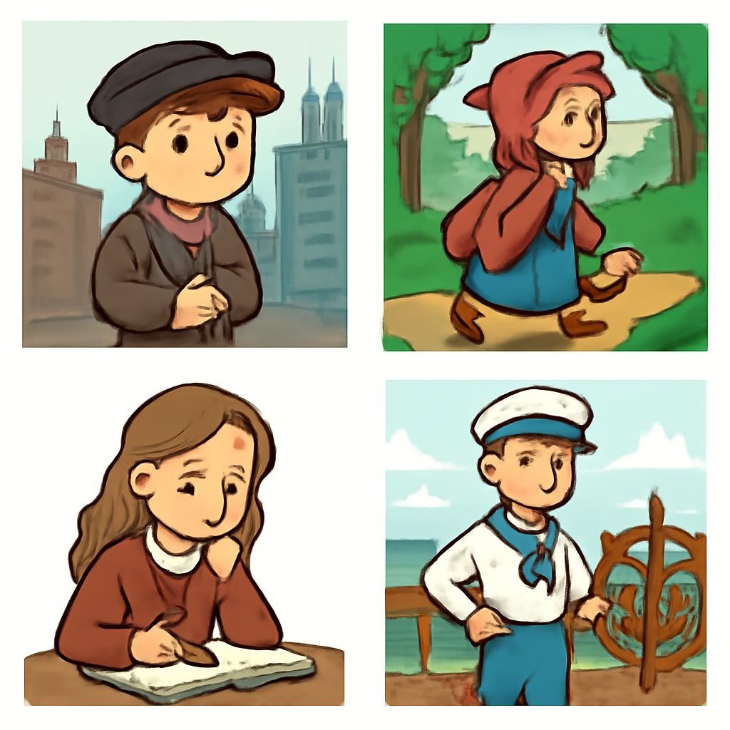 Four realistic literary character scenes