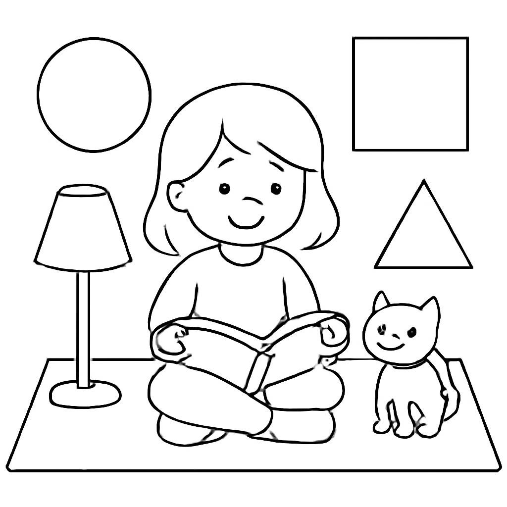 Контурная иллюстрация девочки, читающей книгу на ковре рядом с котёнком и лампой.