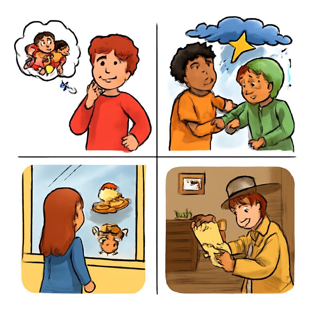 Four realistic scenes suggesting literary themes