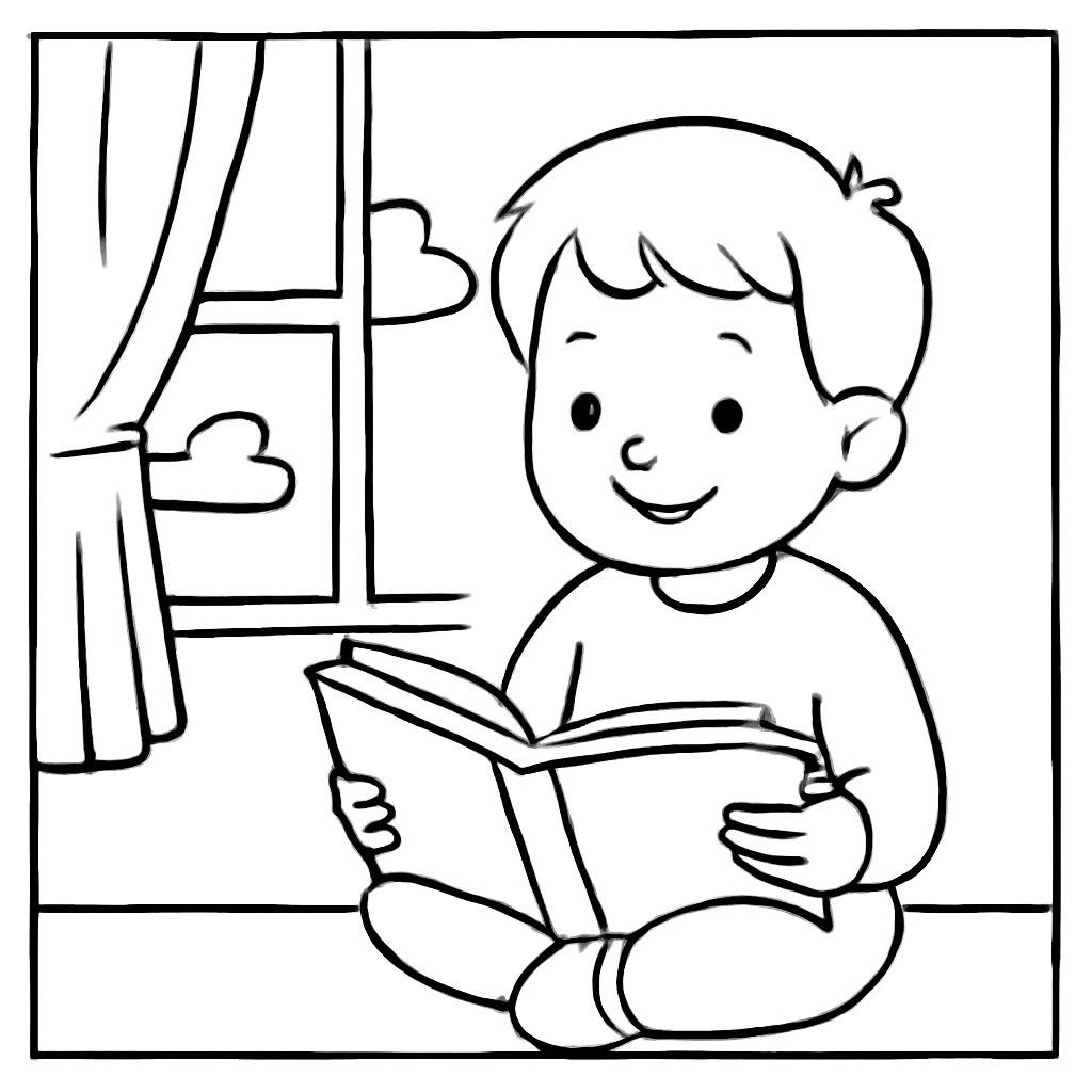 Контурная иллюстрация ребёнка с книгой у окна.