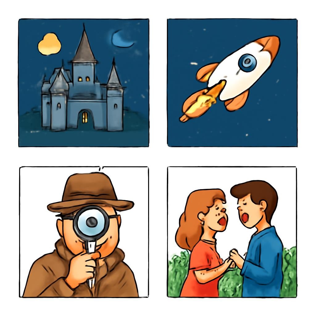 Four illustrations of literary genres and objects