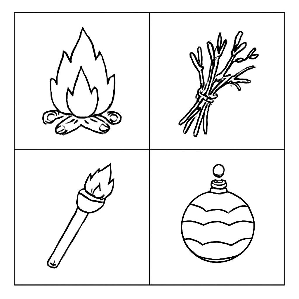 Four simple pictures connected with autumn bonfires and one object from another festival.