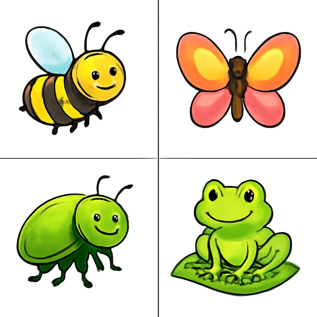 Four friendly child-friendly animal images in a 2x2 grid