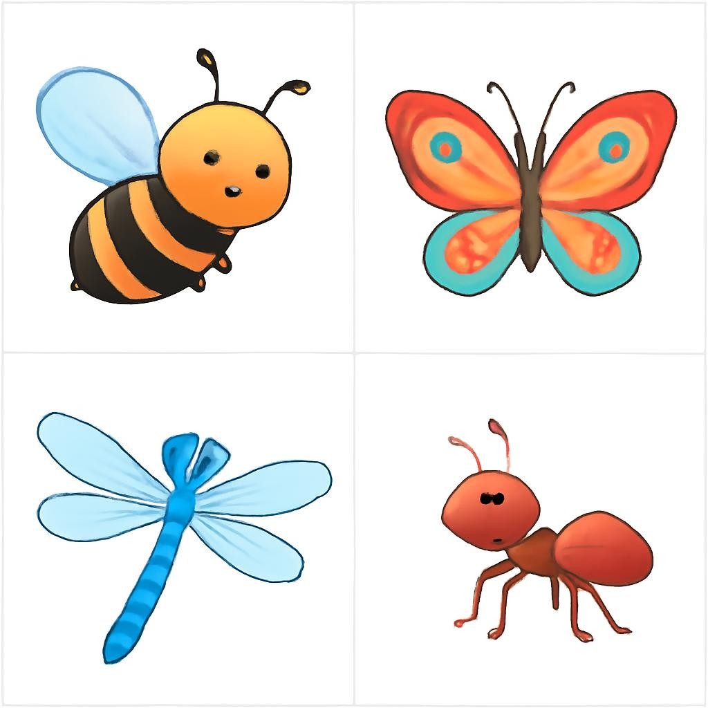 Four child-friendly insect pictures in a 2x2 grid