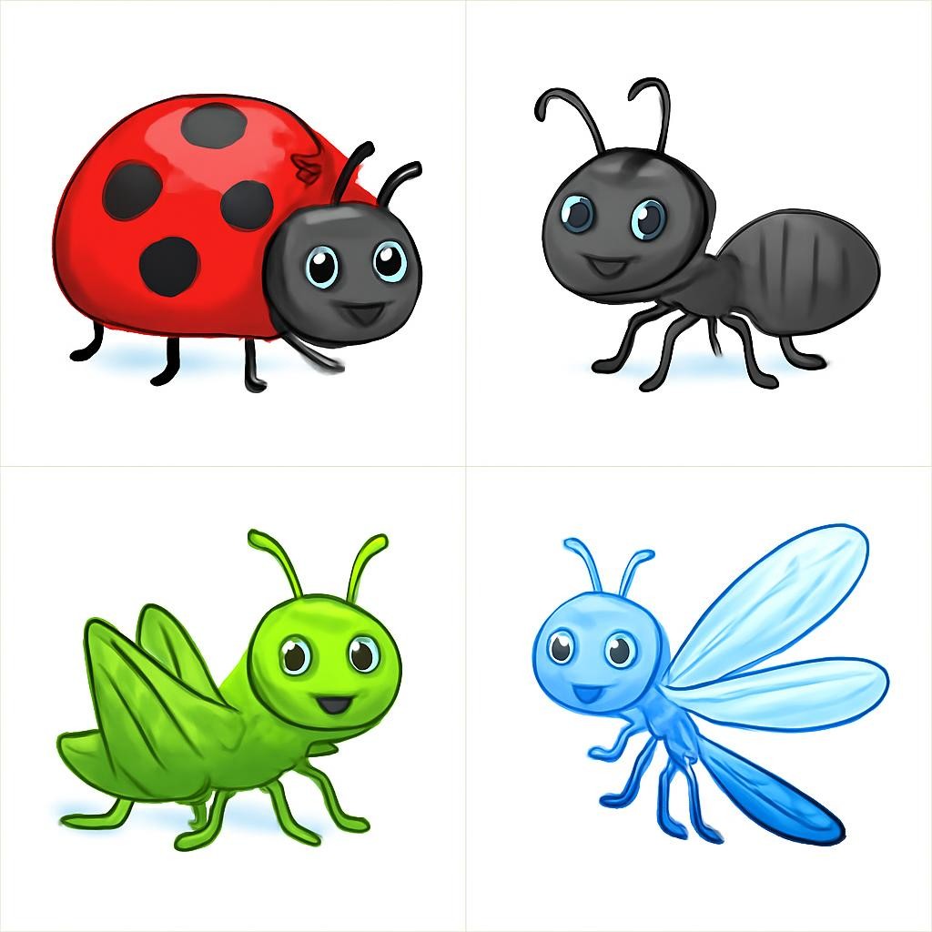 Four friendly insect images in a 2x2 grid