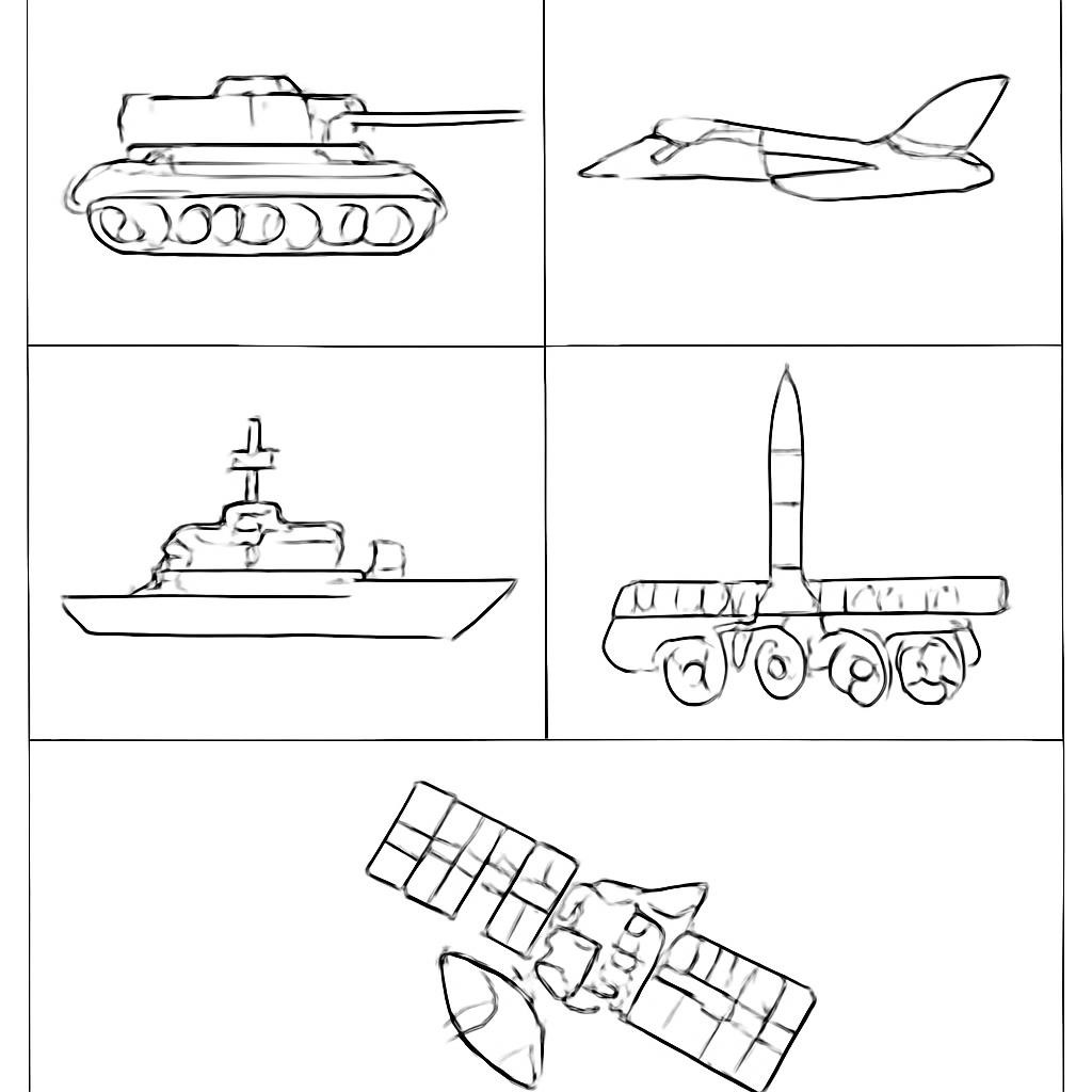 Контурная иллюстрация пяти объектов военной техники
