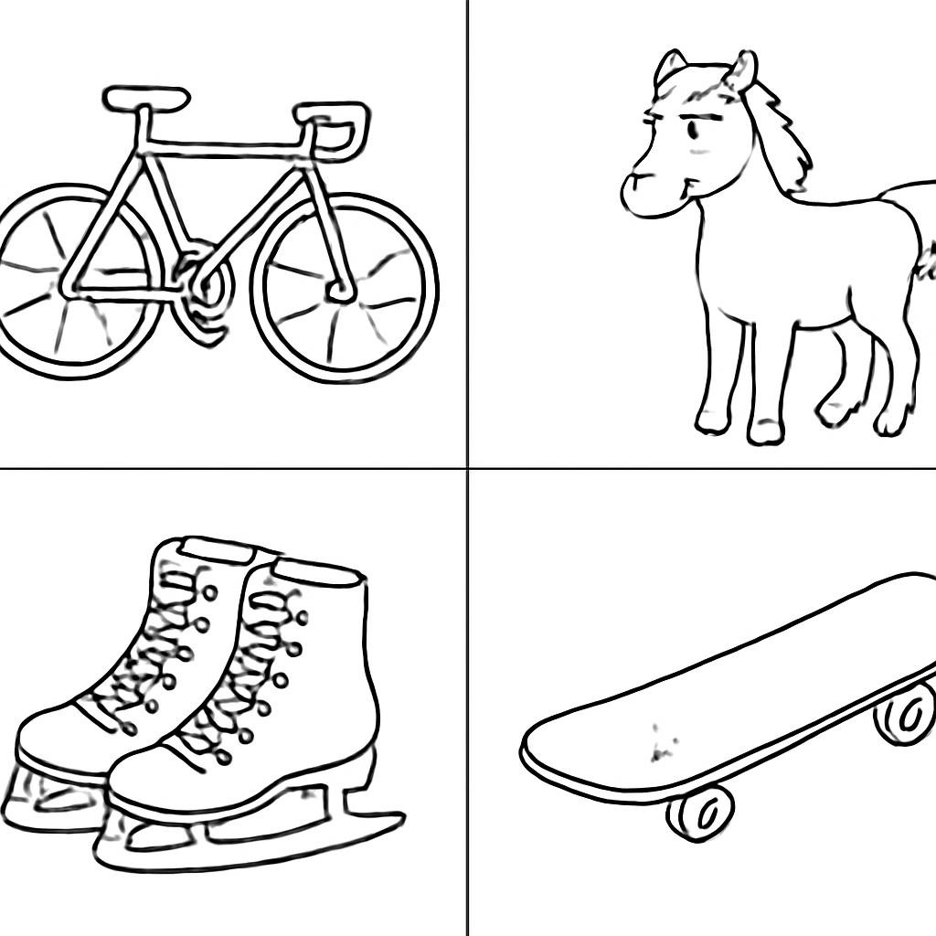 Four sports objects in a 2×2 grid.