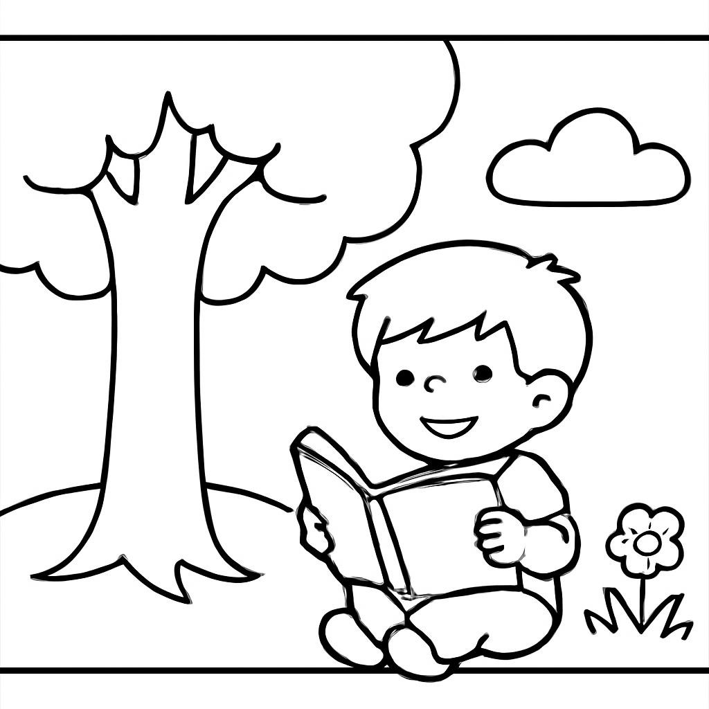 Контурная иллюстрация с ребёнком, книгой и деревом