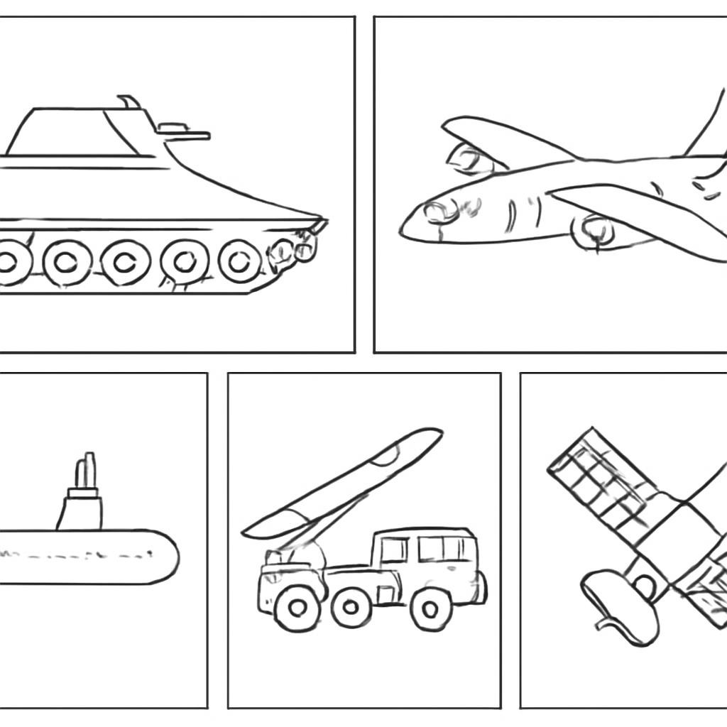 Контурная иллюстрация пяти военных объектов