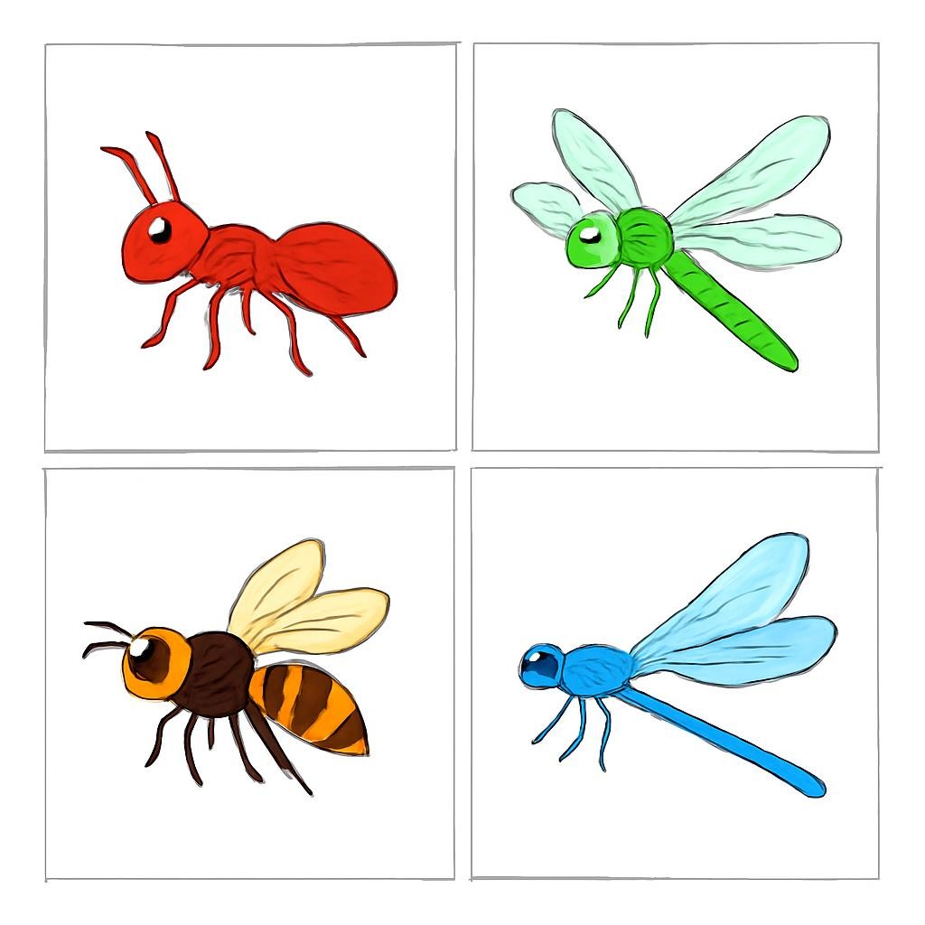 Four child-friendly insect images in a 2x2 grid