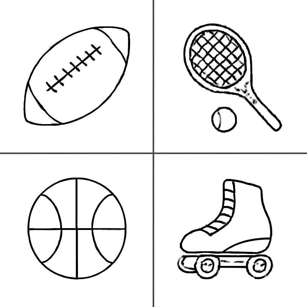 Four simple sports objects in a 2×2 grid.