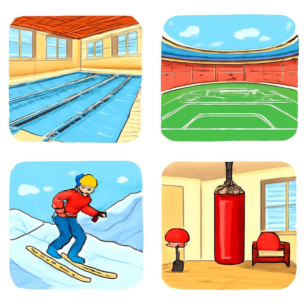 A colourful 2x2 grid of sports places
