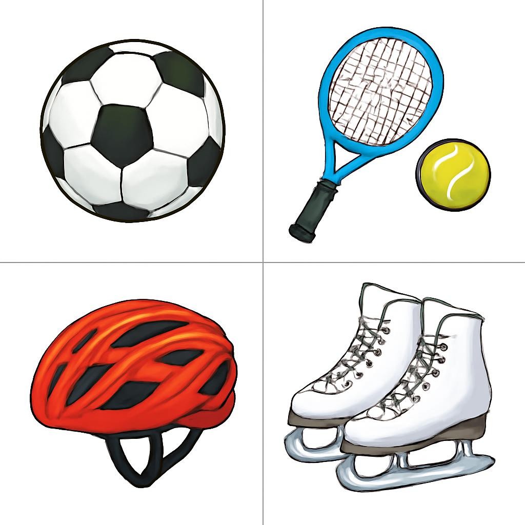 A colourful 2x2 grid of sports equipment